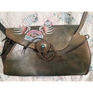 VINTAGE 90’s LARGE ROCK N ROLL HANDPAINTED LEATHER BAG w/ TURQUOISE GEMSTONE
